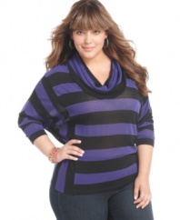 Look stunning in stripes with Soprano's three-quarter sleeve plus size sweater, accented by a cowl neckline.