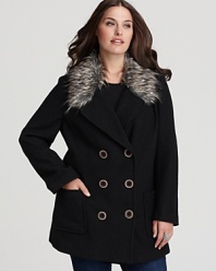 Embrace a trend-right fall in this Karen Kane peacoat, flaunting a faux fur collar for statement chic.