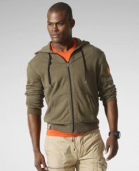 Light-as-air beach fleece is styled as a sporty layering essential with a full-zip front and a contoured hood.