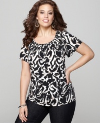 A pleated neckline elegantly finishes Style&co.'s short sleeve plus size top, featuring a vivid print-- it's an Everyday Value!