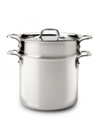 Perfect for steaming shellfish, blanching veggies and whipping up your favorite pastas, this spacious stock pot is designed with a colander insert for easy lifting and draining. A triple-bonded construction, induction-ready exterior and aluminum core distribute heat evenly and produce perfect results. Lifetime warranty.