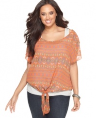 Tie-up a super-cute look with Soprano's short sleeve plus size top, highlighted by a bold print.