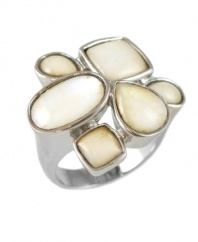 Never have geometric patterns looked so precocious. Perfect your look in this chic cocktail ring by City by City highlighting pear, square, oval, and round-cut imitation mother of pearl set in silver tone mixed metal. Size 7 and 8.
