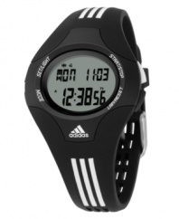 Sleek and sporty, this adidas watch is at the top of its class in style and function. Black and white polyurethane strap and oval-shaped polycarbonate case. Logo at bezel. Positive display digital dial with time, seconds, date, day and alarm. Quartz movement. Water resistant to 50 meters. Two-year limited warranty.