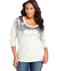 It's your time to shine with DKNY Jeans' three-quarter sleeve plus size sweater, spotlighting a sequined front!
