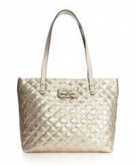 The tote goes glam chic with this sequin-and-satin version from GUESS. Patent trim adds high gloss.