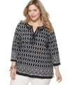 Look gorgeous on a budget with Charter Club's three-quarter sleeve plus size top, finished by a stylish geometric print-- it's an Everyday Value!