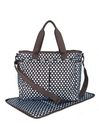 An utterly adorable baby bag from LeSportsac, crafted of durable nylon with a bold polka-dot motif. Includes a changing pad and an interior stroller strap with dogclip closures.