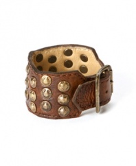 Hammered studs embellish Frye's distressed leather bracelet for a versatile accessory that works with both down-home and city-chic looks.