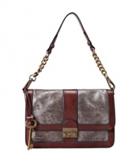 This vintage-inspired flap bag's distressed metallic treatment is spot-on the trend this season.