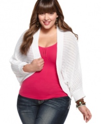 Layer sleeveless styles with Extra Touch's long sleeve plus size cardigan, crafted from a crocheted knit.