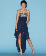 Party like a starlet in this dress from B Darlin, designed with a flowing, asymmetrical skirt for an added hint of drama!