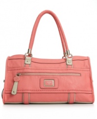 A trendy take on the classic satchel silhouette. This sleek design by GUESS features a subtle, posh front plaque at front, braided double handles and contrast trim.