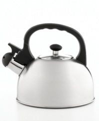 Hot boiling water is ready with a whistle, perfect for tea and other hot drinks. This classically styled tea kettle gleams in brushed stainless steel, providing a polished look that heats quickly every time. Limited lifetime warranty.