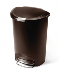 Plastic steps it up in a semi-round trash can with a slide lock to keep smells in and intruders, like dogs or kids, out. The solid steel pedal provides durability where the can gets the most wear and always ensures a smooth, silent lid closure. 5-year warranty.