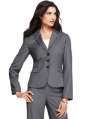A work wardrobe essential: the pinstriped jacket. Calvin Klein gives this petite one a three-button closure and a tailored fit that looks great with other pieces from this collection of suit separates.