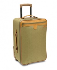 A world traveler. Expanding for more space, this charming suitcase packs in the features that jet-setters demand, such as two separate packing areas, restraining straps to secure garments and a removable hanging travel kit that features a waterseal pocket, elastic storage area and mesh pocket for all of your toiletries. The antique brass hardware and Hartmann's signature trim add a sophisticated look to your travel style. Lifetime warranty. Qualifies for Rebate