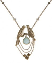Tweet it loud and clear. Lucky Brand's adorable kissing birds pendant is oh-so chic. Necklace features two intricate birds, delicate dangling beaded chains, and a reconstituted semi-precious calcite teardrop. Set in gold tone mixed metal. Approximate length: 25-1/2 inches. Approximate drop: 3-1/4 inches.