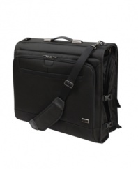 A smarter way to travel. Your wardrobe goes on the road with you and arrives in top-notch condition thanks to the bi-fold construction of this durable garment bag. Built from ultra-tough ballistic fabric, this bag presents you with the utmost in design, quality and performance, giving you a fresh start wherever you land. Lifetime warranty.