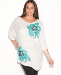 Revitalize your casual look with INC's three-quarter sleeve plus size top, featuring a sequined floral print.