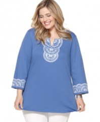 Add a global feel to your casual look with JM Collection's three-quarter sleeve plus size tunic top, accented by dazzling embroidery.
