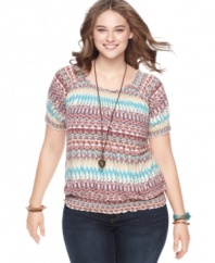 Get bold boho style with American Rag's short sleeve plus size peasant top, flaunting an Ikat print.