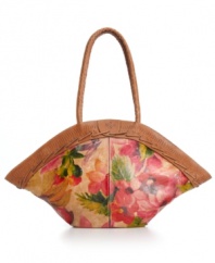 A neutral color floral pattern graces this Patricia Nash tote for a casual yet elegant appeal. A burnished edge finish and deep embossed floret add the perfect touches to this charming style.
