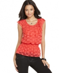 Ruffles and lace create a flirty union on this top from BCX that indulges your girlish side!