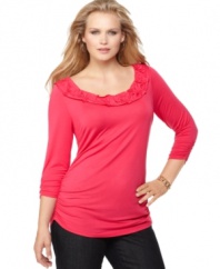 Snag feminine style with AGB's three-quarter sleeve plus size top, accented by floral applique.
