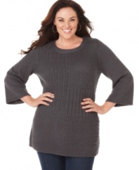 Plus size fashion with textural interest. A patchwork design lends unique appeal to this three-quarter sleeve sweater featuring a tunic length, from Karen Scott's collection of plus size clothes. (Clearance)