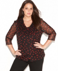 Fall in love with INC's three-quarter sleeve plus size top, accented by a kiss print and ruffled front. (Clearance)