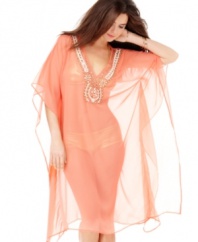 Dip your toes in the water in this sheer Cejon caftan-style cover up! Flaunts striking embellishments that complement your new two-piece.