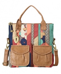 Get the free-spirited look you crave with this ultra cool cargo tote by Fossil. Patchwork detailing and a dual flap pocket front add character to this easy-going design.