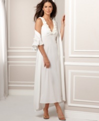 Ballgown beauty with bedroom charm. Elegant rosettes trim this flowing bridal nightgown by Flora Nikrooz.
