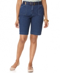 Karen Scott's petite bermuda shorts are a seasonal staple and super stylish with their medium blue wash and matching belt.