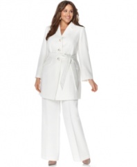 Le Suit's latest plus size pant suit creates a statuesque silhouette with a long belted trench and sleek wide leg pants.