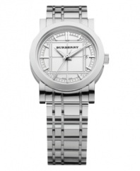 Burberry timepiece features a stainless steel bracelet and round case. Silver tone etched dial with logo, date window at 3 o'clock and polished silver tone indices. Three hands. Swiss movement. Water resistant to 30 meters. Two-year limited warranty.
