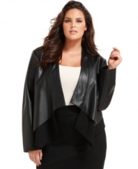 Draped styling lends a modern feel to INC's faux leather and ponte plus size jacket-- dress it up with trousers or down with denim. (Clearance)