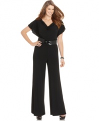 Hustle onto the jumpsuit trend with AGB's flutter sleeve plus size style, featuring a belted waist.