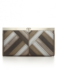 With a glazed, striped design in trendy metallic hues, this accordion frame wallet is smart inside and out.