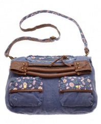 Distressed detailing combines with sweet floral accents to give this American Rag purse a fun, easy-going look. Solid trim and goldtone hardware adorn this trendy crossbody bag for a relaxed, all-American style.