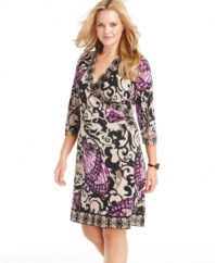 Wrap up a stunning look with Alfani's three-quarter sleeve plus size dress, accented by a vivid print-- it's perfect from day to play!