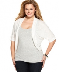 Layer your sleeveless styles this season with AGB's elbow sleeve plus size cardigan, featuring an open front design.