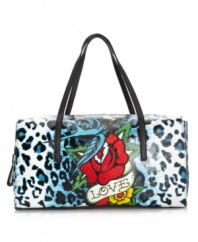Take a walk on the wild side with this fierce handbag by Ed Hardy. Animal print and a vibrant rose detail this eye-catching satchel for a look that refuses to be missed.