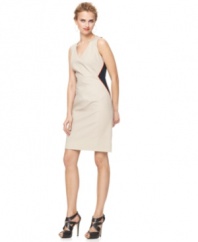 A contrasting panel with bold-hued trim gives this petite dress by T Tahari a contemporary twist.
