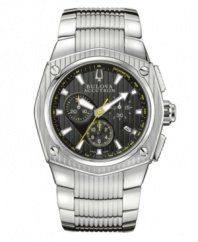 Make your mark. Dramatic styling wins on this Bulova Accutron watch from the Corvara collection. Stainless steel bracelet and round case with curved sapphire crystal. Textured black chronograph dial features silver tone stick indices, yellow tachymeter scale, date window at four o'clock, three subdials, luminous hour and minute hands, yellow second hand and logo. Swiss quartz movement. Water resistant to 100 meters. Five-year limited warranty.