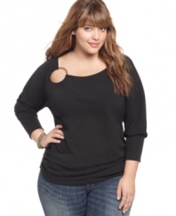 Show a peek of skin in Eyeshadow's three-quarter sleeve plus size top, featuring an O-ring neckline.
