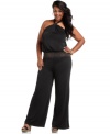 Flaunt a 70s groove with Baby Phat's halter plus size jumpsuit, accentuated by an embellished waist.