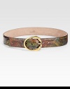 Rainbow python leather embellished with a round horse head buckle with antique gold hardware.About 1.6 wideMade in Italy