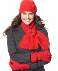 Winter is coming up roses! Until spring returns, cozy up to La Fiorentina's hat, scarf and gloves set featuring sweet rosettes.
